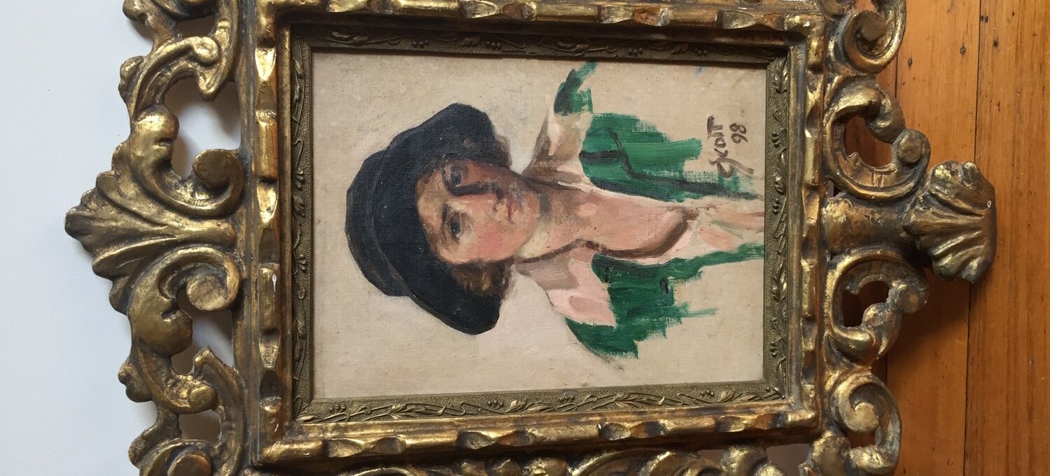 An antique oil portrait in a gilt frame, part of the eclectic Show Pony Interiors collection in Kyneton